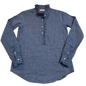 Ann Mashburn Women’s Chambray Linen Ruffle Shirt Preppy Indigo XS
